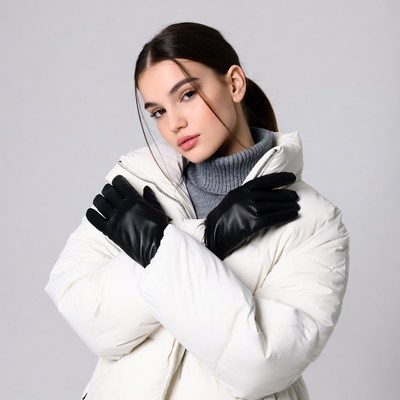 Model poses in winter outfit indoors