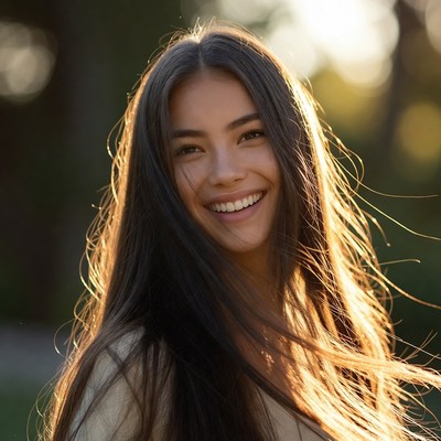Smiling woman with long hair outdoors