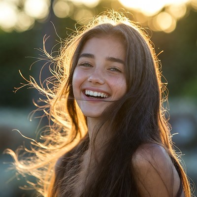 Young woman smiling in sunset