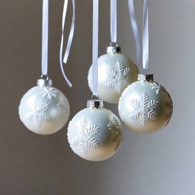 White ornaments hang from ribbons