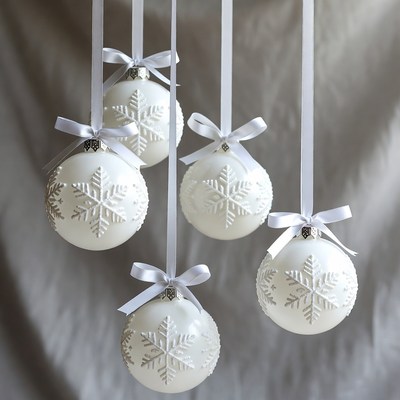 White ornaments with snowflakes hanging