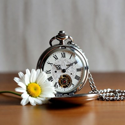 Vintage watch with flower on table
