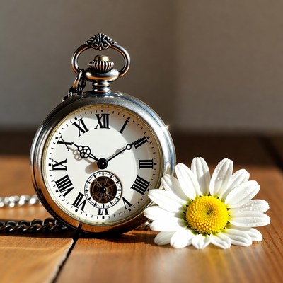 Vintage clock next to a flower