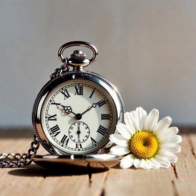 Vintage watch and flower on table