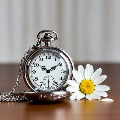 Pocket watch with daisy flower on table