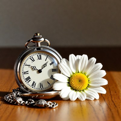 Classic watch beside a daisy flower