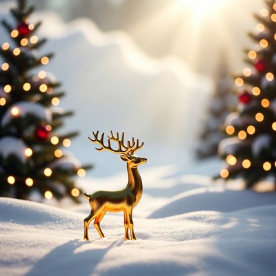 Golden reindeer in winter landscape
