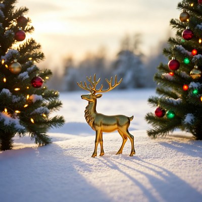 Golden reindeer among christmas trees