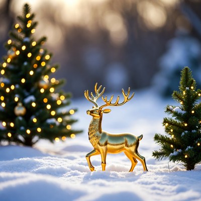 Golden reindeer on snowy ground