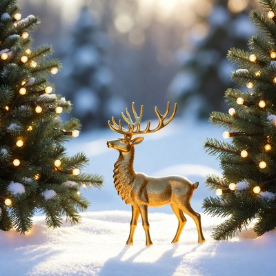 Golden reindeer in snowy scene with trees