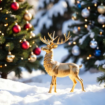 Christmas decor with golden reindeer statue