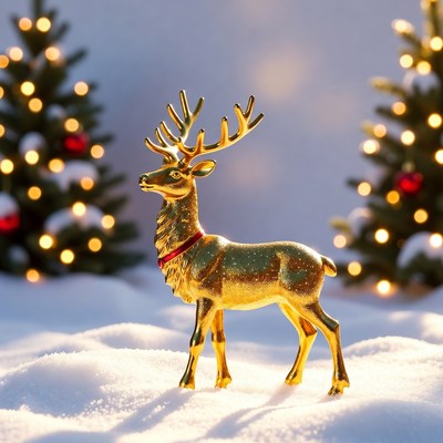Golden reindeer in snowy scene