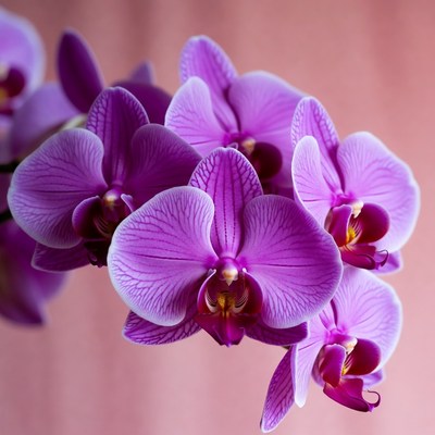 Purple orchids bloom indoors in sunlight