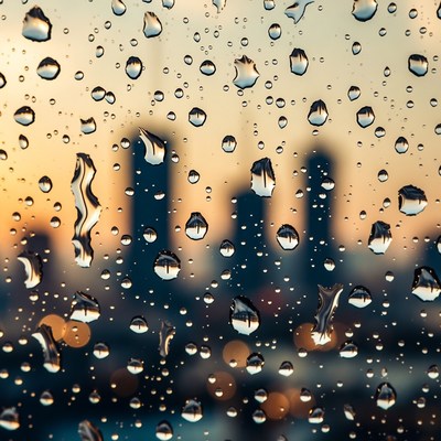 Droplets on window at sunset in city