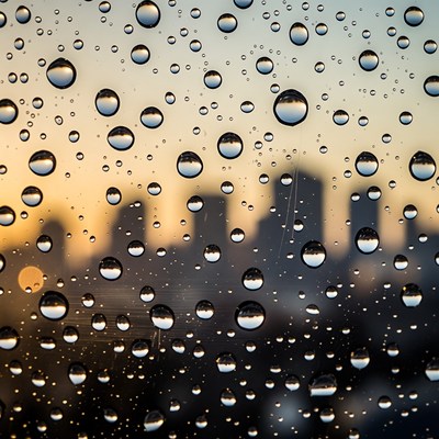 Sunset through raindrops on glass