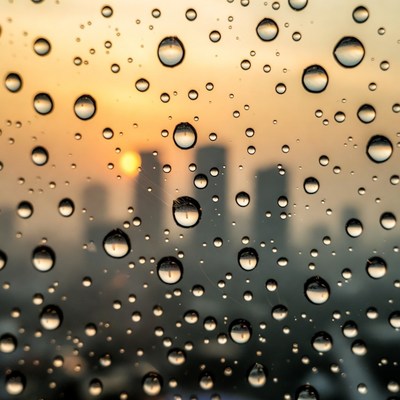 Water droplets on window at sunset