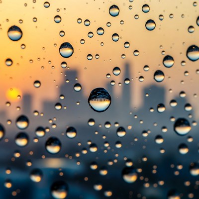 City skyline through raindrops on glass