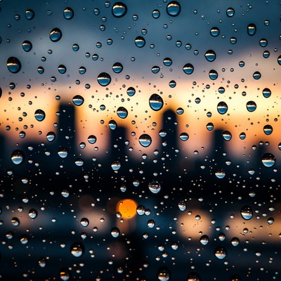 Rain droplets on window at sunset
