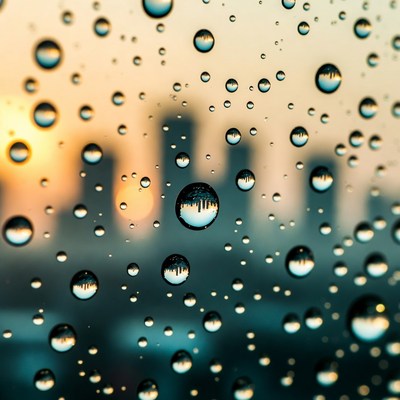 Raindrops on window with city view