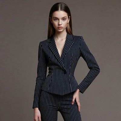 Model in pinstripe suit posing indoors