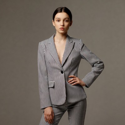 Model poses in striped suit