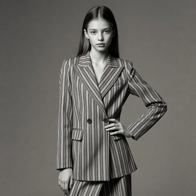 Model poses in striped suit