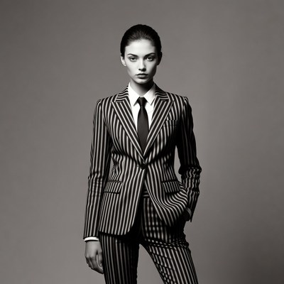 Model poses in striped suit