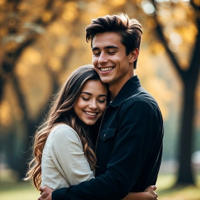 Embrace in autumn park setting