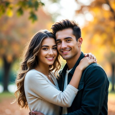 Couple embraces in autumn park