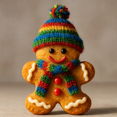 Gingerbread cookie wearing hat and scarf