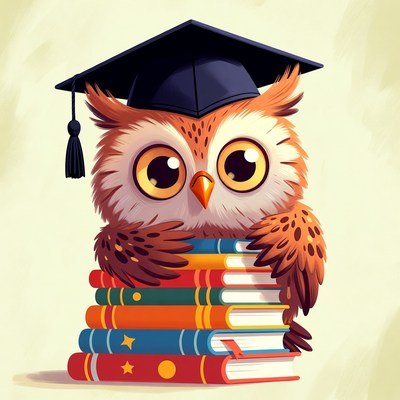 Owl with graduation cap on books