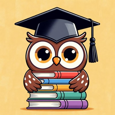 Owl wearing graduation cap holds books