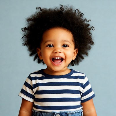 Child with curly hair smiles at camera