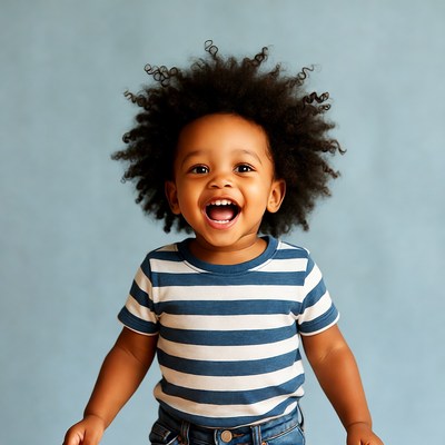 Happy child with curly hair in studio
