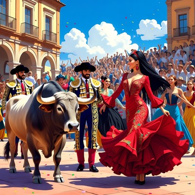 Festival with dancers and a bull