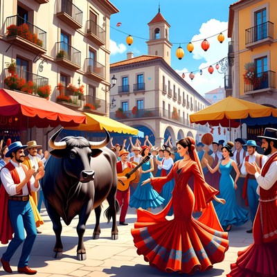 Spanish festival with dancers and a bull