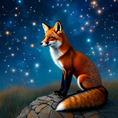 Fox sitting under starry sky