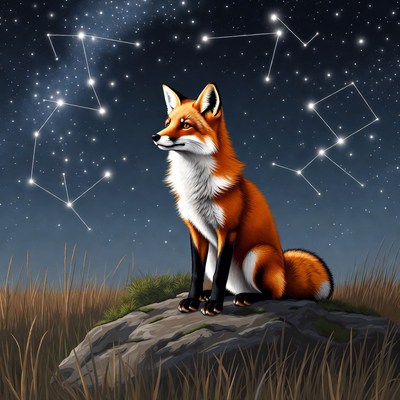 Fox under starry night sky