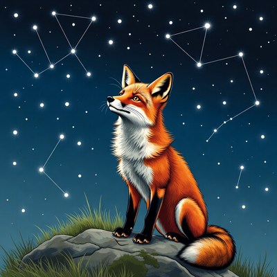 Fox gazes at night sky full of stars