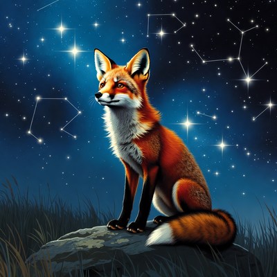 Fox sitting on rock under night sky