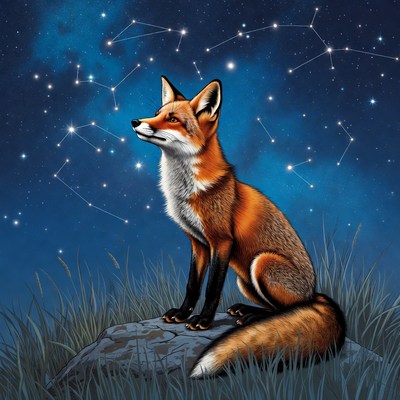 Fox sitting under starry night