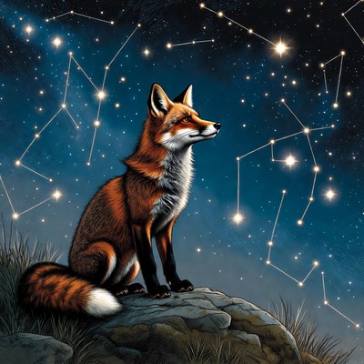 Fox gazing at night sky with stars