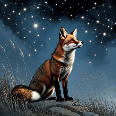 Fox under starry night sky