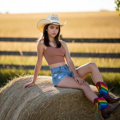 Girl on hay bale at sunset