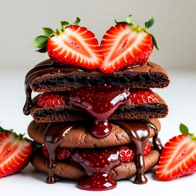 Chocolate cookies with strawberries stacked