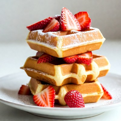 Waffles with strawberries and powdered sugar