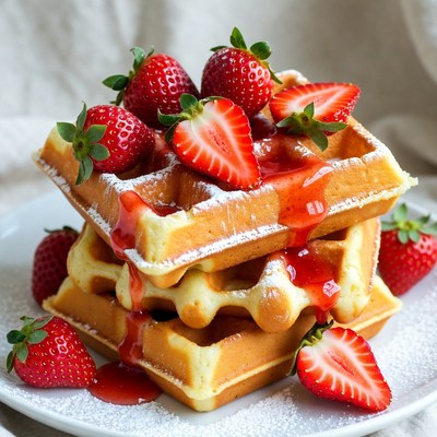 Waffles with strawberries and syrup