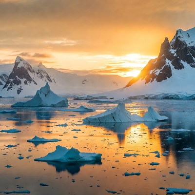 Sunset over icy waters in antarctica