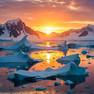 Icebergs in sunset light over water