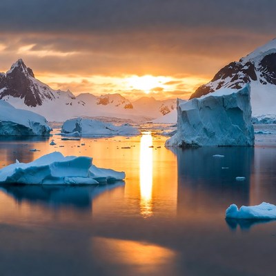 Sunset over icy waters in antarctica